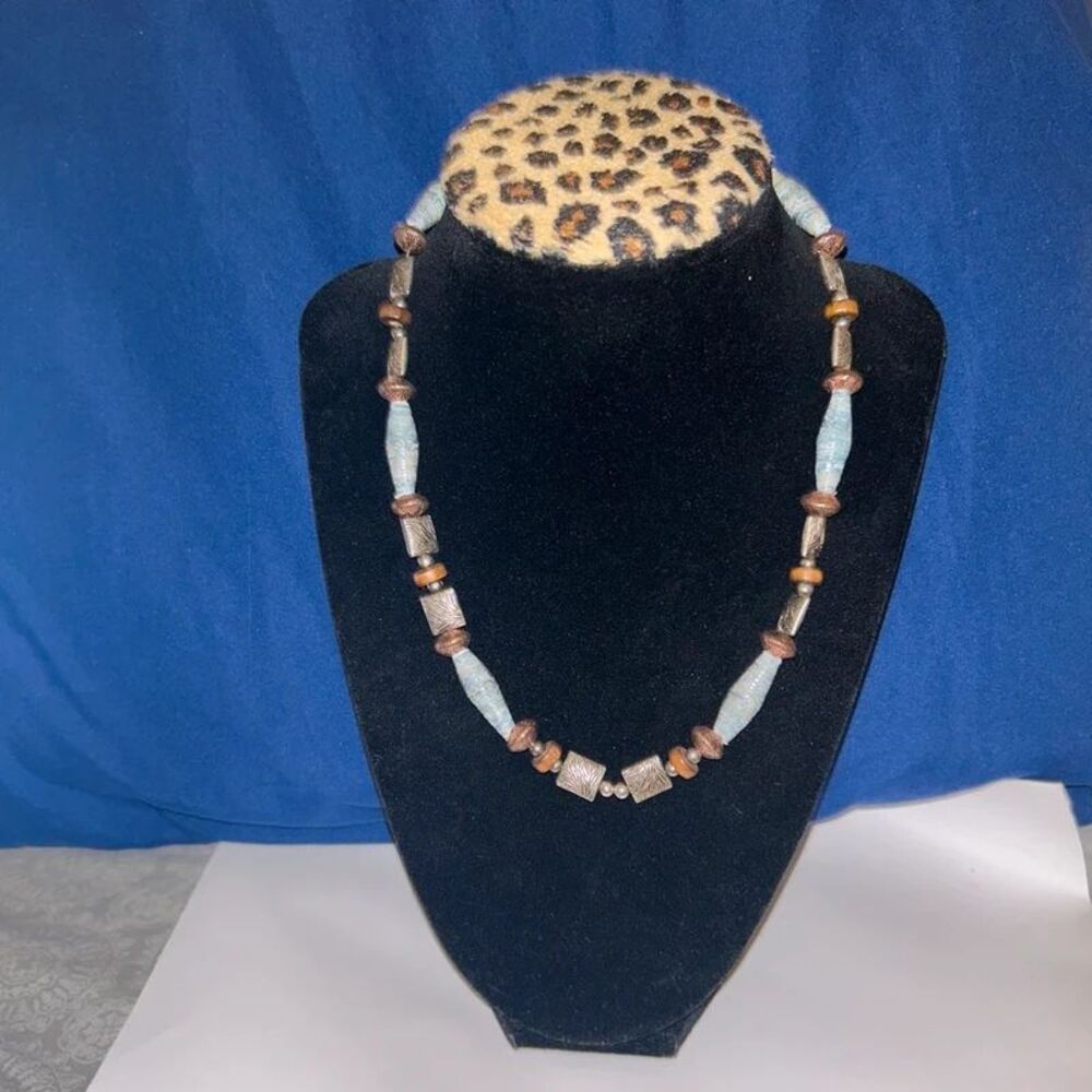 Boho Blue Silver Tone Beaded Necklace